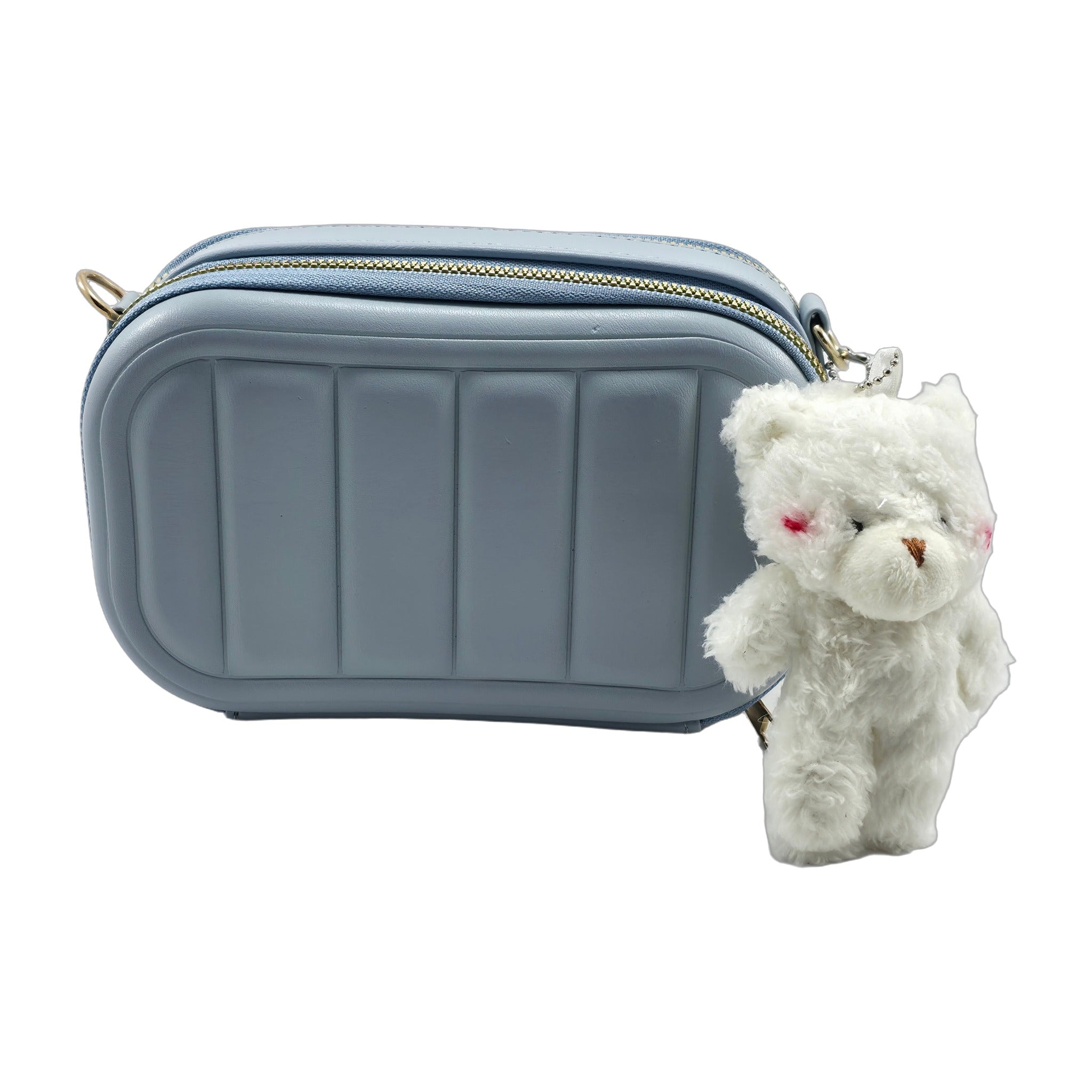 Blue Structured Crossbody Bag with Teddy Bear Charm
