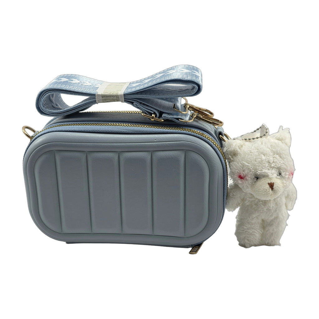 Blue Structured Crossbody Bag with Teddy Bear Charm