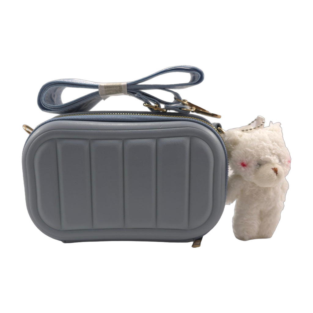 Blue Structured Crossbody Bag with Teddy Bear Charm