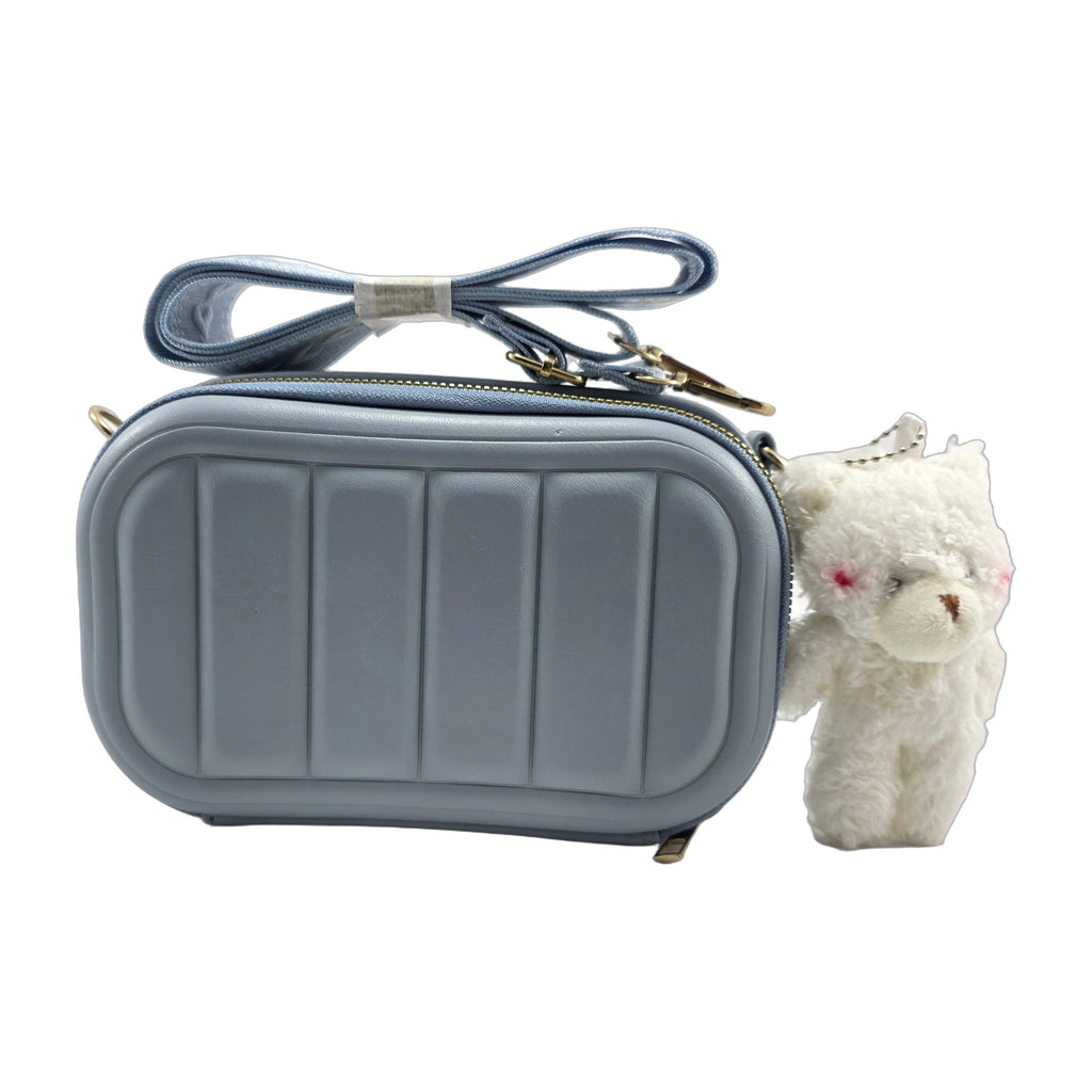Blue Structured Crossbody Bag with Teddy Bear Charm