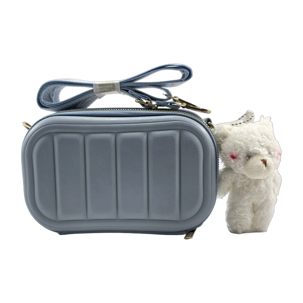 Blue Structured Crossbody Bag with Teddy Bear Charm